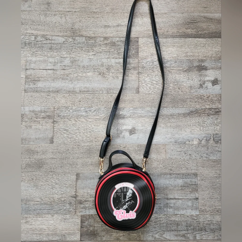 Black and Red Elvis Round Crossbody Bag with Retro Music Graphic